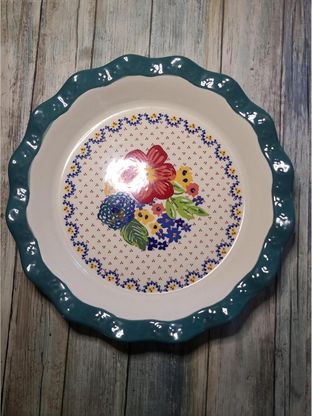 Pioneer Woman 11.5" Stoneware PIE PLATE Fluted Scalloped Blue/Teal/white Mint